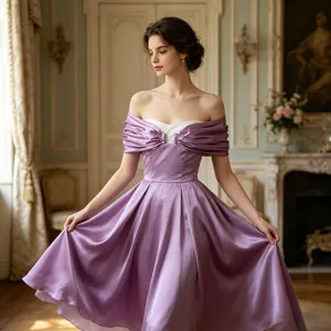 Elegante vestido de noche de satén morado con hombros descubiertos para mujer, ideal para fiestas.