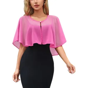 Detailed view of women pink sheer chiffon cape shawl overlaying elegant black dress summer wedding
