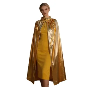 Gold metallic shiny cape cloak for women Halloween costume stand-up collar long outerwear