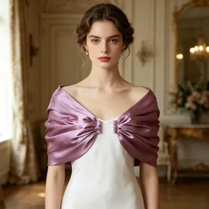 Vista de cerca de un chal de satén morado elegante y accesorio de hombros para vestidos de noche.