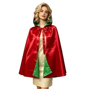 Christmas red and green hooded satin cloak double sided cape holiday party performance costume