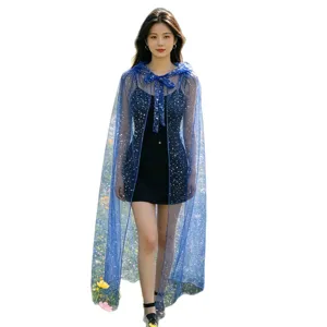 Shimmering gold foil hooded tulle cape for women, elegant mesh stage performance cloak for Halloween party.