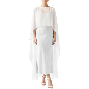 Details of the sheer chiffon cape and evening dress showing flowing high-low drape.