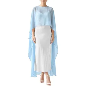 Elegant light blue chiffon cape with silver satin slip dress for evening party and events.