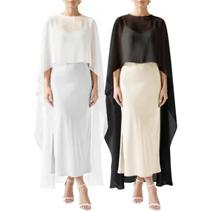 Stunning elegant chiffon cape evening dress featuring a sleeveless slip long skirt for women.