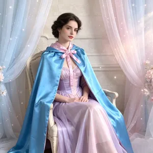 Gedetailleerd uitzicht op de blauwe satijnen feeënmoeder cape met roze strik en jurk.