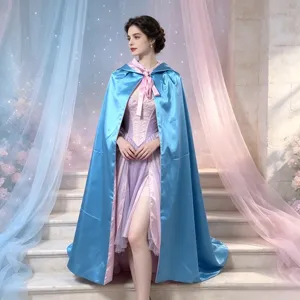 Cosplay mantel fee meter blauwe satijnen cape met roze strik Halloween kostuum vrouw