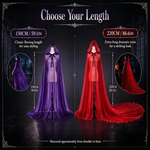 Gothic hooded tulle cape with 150cm or 220cm length options, perfect for Halloween costumes.