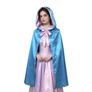 Halloween goede fee kostuum blauwe satine kapmantel met roze voering en strik voor cosplay