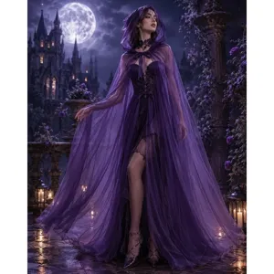 Gothic purple hooded tulle cape Halloween vampire cloak with dramatic long train mesh gown