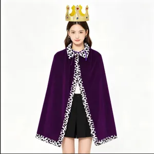 Detailed view of adult Halloween king queen costume cape and gold crown set with purple velvet.