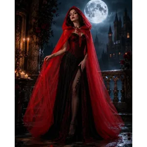 Halloween gothic red hooded sheer cape vampire women long mesh cloak and dress costume