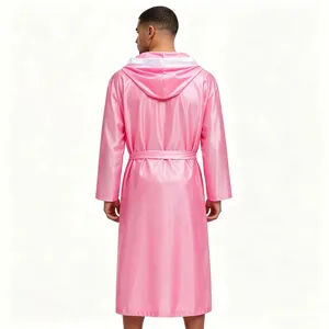 Pink satin hooded boxing robe for combat sports training and match entrance cloak.