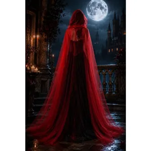 Gothic mesh hooded cape for women, vintage vampire Halloween cosplay long cloak costume.
