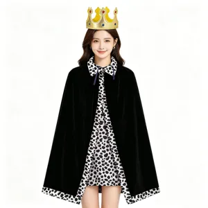 Halloween adult black velvet cape with dalmatian print dress and crown royal cosplay costume.