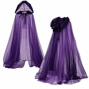 Purple hooded sheer mesh cape for women gothic Halloween vampire cosplay costume cloak long dress