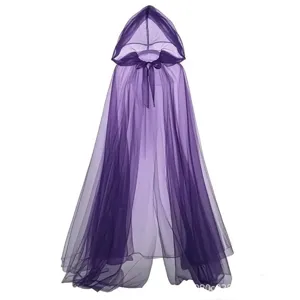 Detail view of the purple gothic mesh hooded cape, showing sheer tulle fabric and tie closure.