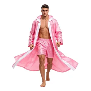 Men's pink satin boxing robe and shorts set with hood for martial arts, fighting and training.