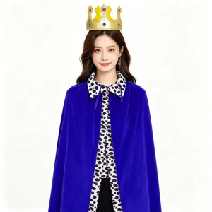 Halloween velvet cape with gold crown for adults, royal king queen costume party wear.