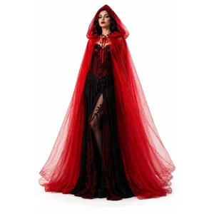 Gothic vampire hooded red mesh cape detail, double-layer tulle cloak for Halloween costume.