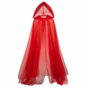 Women red hooded mesh cape gothic Halloween tulle cloak long party costume outfit