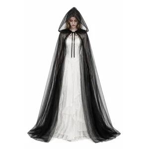 Women gothic black sheer tulle hooded cloak vampire Halloween long mesh cape costume dress