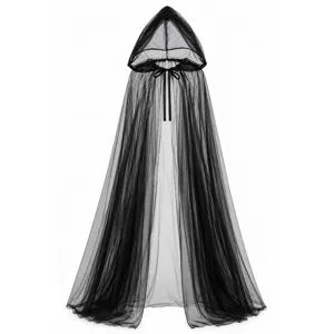 Detailed view of the black gothic tulle hooded cloak with layered sheer fabric and long train.