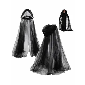 Black gothic mesh hooded cape for women, double-layer tulle vampire Halloween costume cloak.