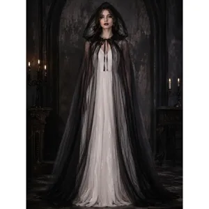 Gothic black sheer hooded cloak for women, double-layer mesh vampire cape with long train for Halloween.