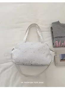Large capacity white canvas shoulder tote bag with silver star print for student daily commute