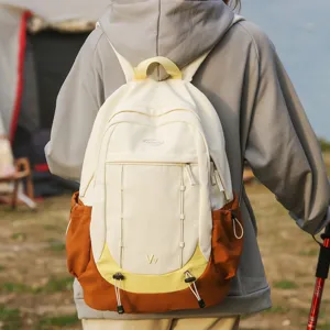 Stylish colorblock college backpack for daily use and outdoor hiking trips with large capacity.