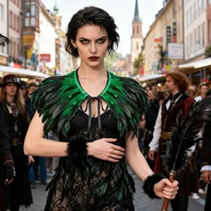 Gothic green black feather cape Halloween cosplay costume dark style festival party wear