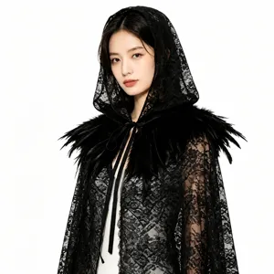 Black lace hooded cloak with feather trim, perfect for gothic Halloween witch party cosplays.