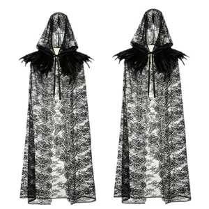 Black lace hooded cloak with feather trim, perfect for Halloween and witch party costumes.