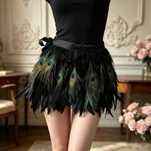 Detailed shot of a black feather skirt with peacock eye pattern and waist bow ribbon.