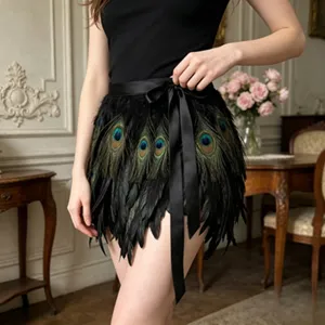 Black feather skirt with peacock feather pattern and satin bow belt for women party.