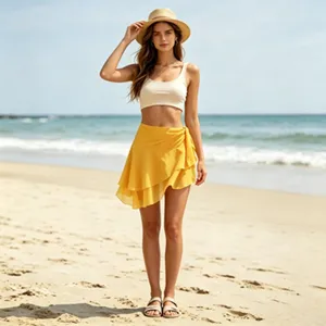 Damen Doppellagiger Chiffon Rüschen Minirock Strandurlaub Sexy Wickelrock Seitliche Bindung Irregulärer Mesh Polyester Resort Kurzer Rock