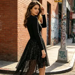 Ensemble haut manches longues et jupe Asymétrique pailletée noire taille élastique