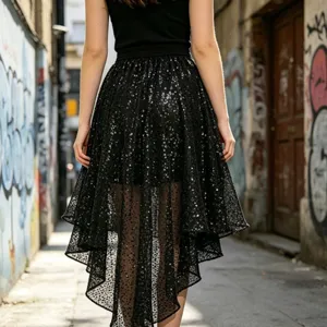 Femme jupe noire sequins asymétrique taille élastique tutu jupe soirée tenue mode