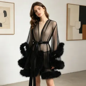 Black sheer mesh robe with feather trim, sexy lingerie sleepwear, elegant loungewear for women.