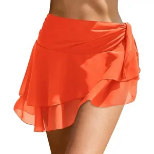 Orange Chiffon Strandkleid Wickelrock Rüschen Sommer Strandmode Damen Bikini Cover Up