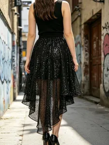 Femme jupe tutu mi-longue en tulle noir à sequins taille élastique de soirée chic