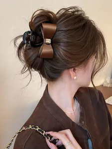Brown satin rhinestone bow hair claw clip, elegant back head shark clip for women and girls.
