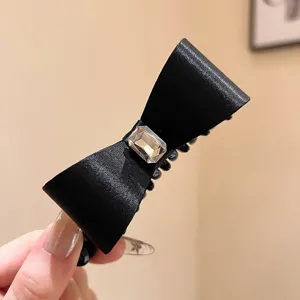 Black satin bow hair claw clip with crystal rhinestone for women elegant back head hair styling