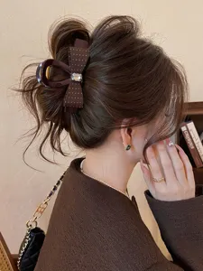 Pince à cheveux marron avec nœud à pois et strass pour femme élégante accessoire de coiffure