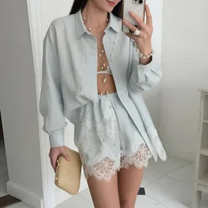 Summer casual button-down shirt and lace trim shorts matching set for women vacation wear