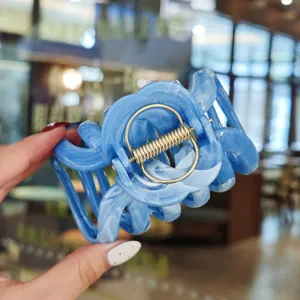 Blue marble resin hair claw clip for thick hair, elegant large shark clip for women styling.