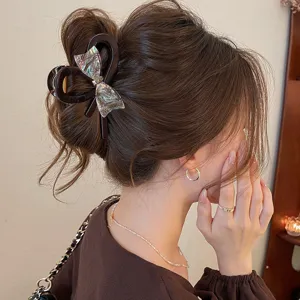 Elegant iridescent bow hair claw clip, large shark clip for women stylish updo hair accessories