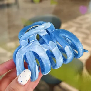 Large blue white marble hair claw clip for thick hair stylish resin shark clip styling