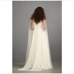 Dames Sheer Mesh Bruiloft Mantel Opstaande Kraag Strik Tule Bruidsmantel Elegant Prinsessenstijl Lange Doorschijnende Sjaal Voor Huwelijksfeest